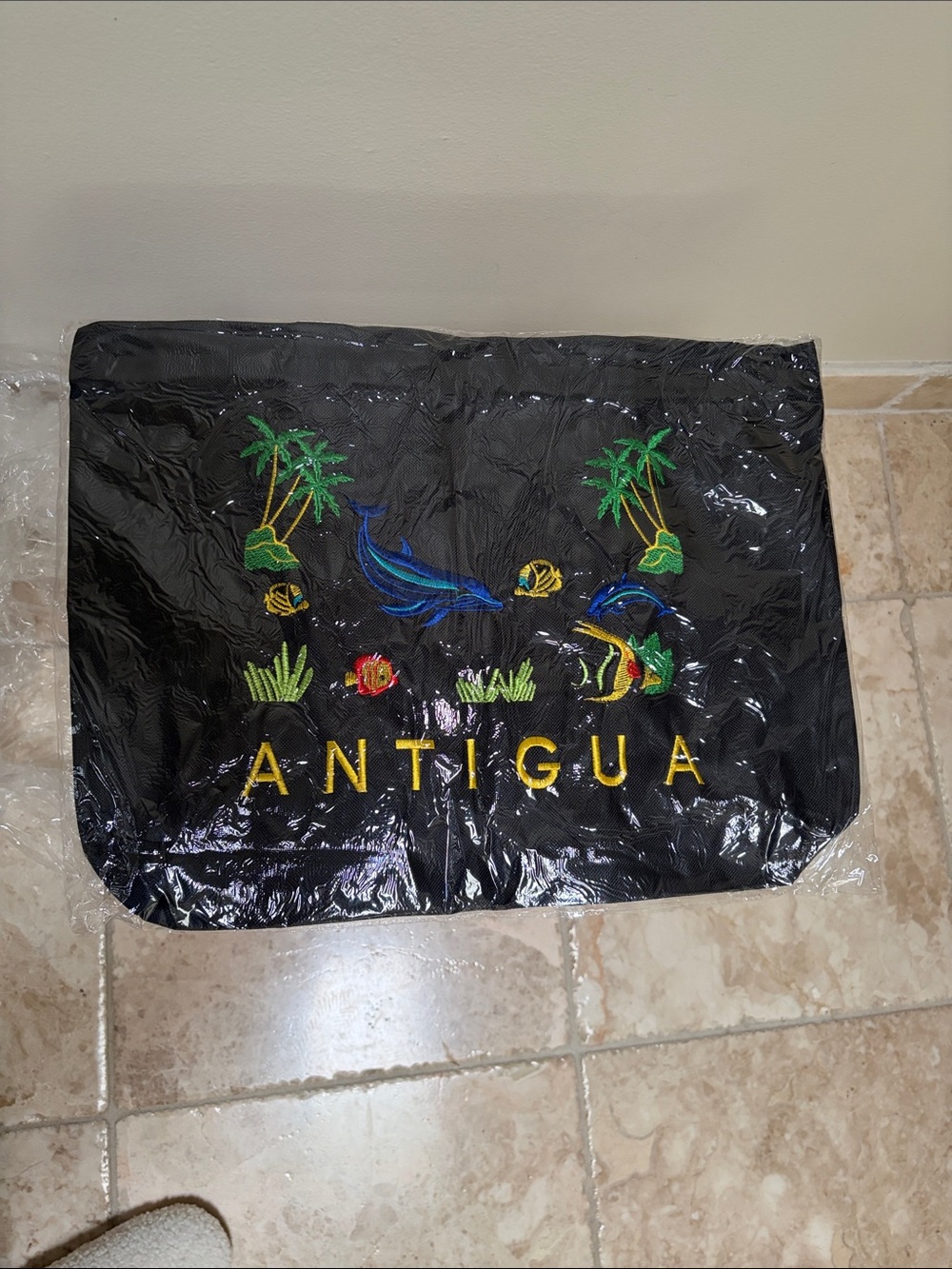 Black Tote with Multicolor Tropical Embroidery.  Antigua.